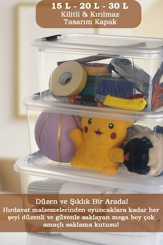 3'lü 15-20-30 L Çok Amaçlı Saklama Kabı Seti - Kilitli Kapak Banyo Mutfak Düzenleyici Saklama Kutusu Şeffaf