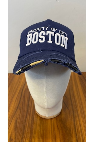 Boston Nakışlı Eskitme Vintage Model Pamuklu Cap Şapka Lacivert