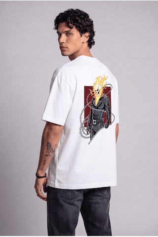 Black Nova Oversize Baskılı Unisex %100 Pamuk T-shirt Ghost Rider Beyaz