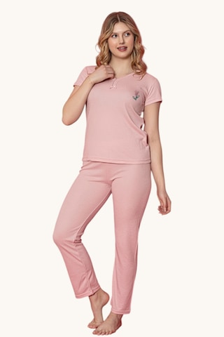 V Yaka Fiyonk Detaylı Yarım Kollu Kadın Pijama Takımı PEMBE
