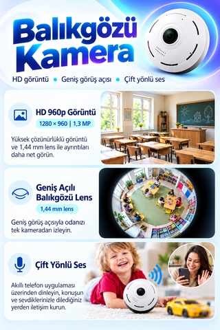 Wifi Balık Gözü Lensli Panoramik Gece Görüşlü Sesli Konuşma Özellikli Sesli Alarmlı Güvenlik Kamerası