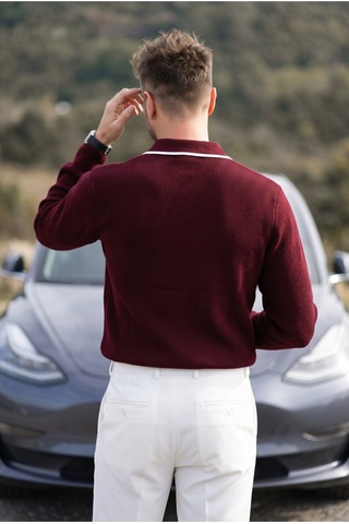 Kamalı Erkek Oversize Selanik Örgü Polo Yaka Triko Kazak Bordo