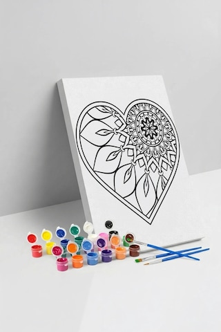 Yapraklı Kalp Desenli Mandala Ahşap Boyama Seti 40x50 Cm