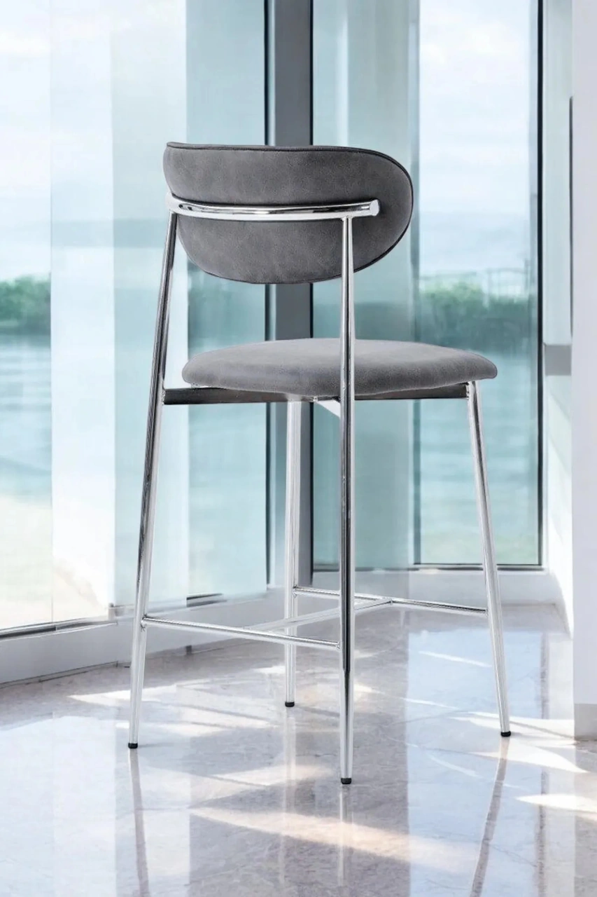 Dengema Laila 1 Adet 65 Cm Ada Mutfak Bar Sandalyesi Gri Renkli Kumaş Krom Metal Ayak Gri - Krom