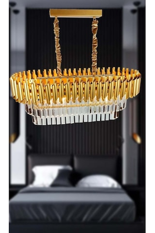 Roza Varaklı Gold 75x35 Cm Lik Kristal Taşlı Lüks Avize - Yatak Odası - Salon - Mutfak - Hol Altın