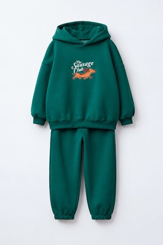 Monila Erkek Çocuk Yeşil Kapüşonlu Köpek Baskılı Pamuklu Sweatshirt Ve Yeşil Eşofman Alt Üst Takım