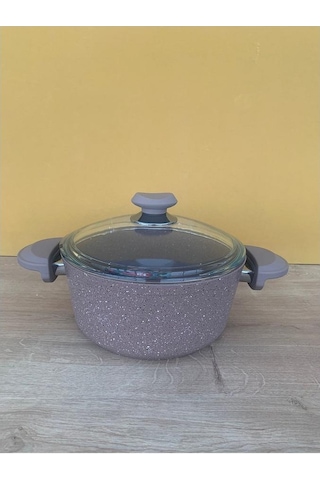 Oms Granit Cam Kapaklı Derin Tencere Kahve 22 CM