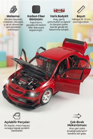 Hobiez World 1:24 Lisanslı Metal Mitsubishi Lancer Evolution Ix Kapısı Kaputu Ve Bagajı Açılan Model Araba Kırmızı