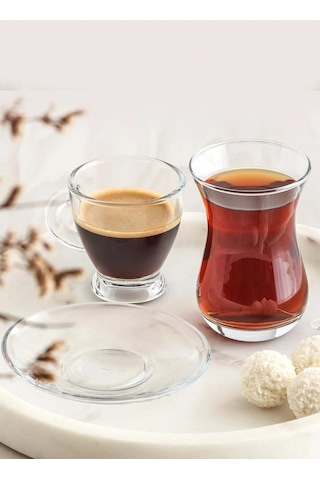 Lav Sohbet 18 Parça Set - Çay Bardağı Tabağı Kahve Fincanı Seti Takımı Şeffaf