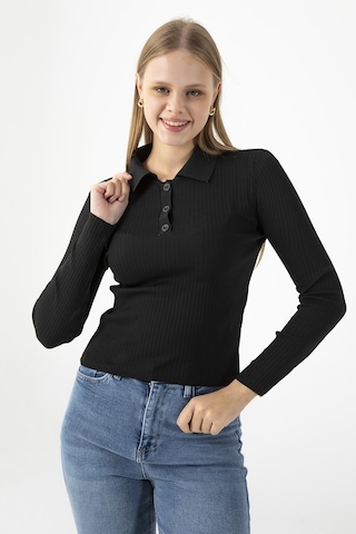 Giysa Kadın Polo Yaka Düğme Detaylı Fitilli Triko Body Siyah - 25k 2057 Siyah