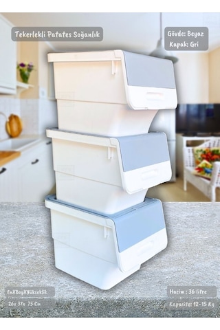 3'lü Tekerlekli Patateslik Soğanlık Bpa Free Oyuncaklık Erzak Kutusu Sebzelik Gri 36 Lt Gri Beyaz