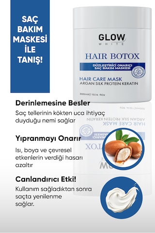 Glow Whıte Keratin Saç Botoksu Argan, Keratin Ve İpek Proteinli Yoğun Bakım Maskesi 300 Ml