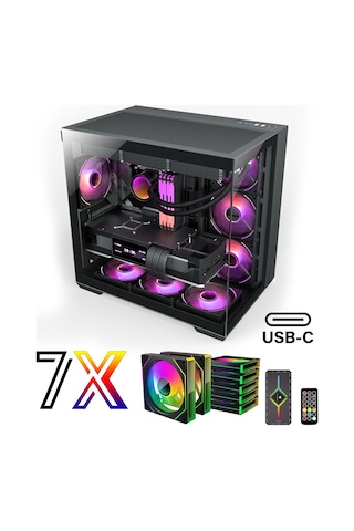 Zeiron Mirage X7 Tuş Ve Kumanda Kontrolcülü 7x120 Mm Gerçek Argb Fanlı 600w 80plus Psu Gaming Boş Akvaryum Bilgisayar