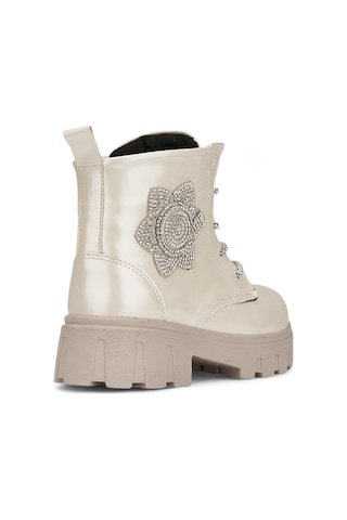 Günlük Çocuk Bot Rugan Çiçekli Taşlı Bağcıklı Fermuarlı Rugan Kalın Tıtrıklı Taban Bootie 600 Bej Rugan