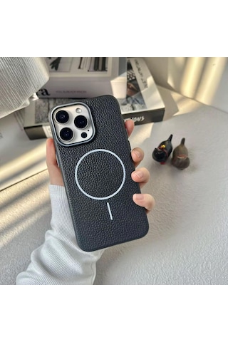Apple Uyumlu iPhone 15 Pro Max Beats Magsafe Deri Görünümlü Silikon Kılıf Kapak Siyah