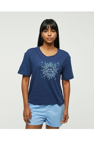 Bella Dossi Pamuklu Kısa Kollu Baskılı Kadın Şortlu Pijama Takımı Lacivert