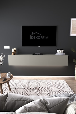 Df17103 3 Dolaplı Duvara Monte Tv Ünitesi 180 Cm Modern Askılı Dekoratif, Şık Stilde Tv Sehpası Gri