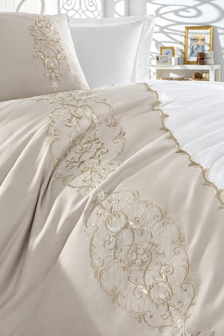 Dantela Elegance Nakışlı Pamuk Saten Çift Kişilik Nevresim Takımı Beyaz Bej