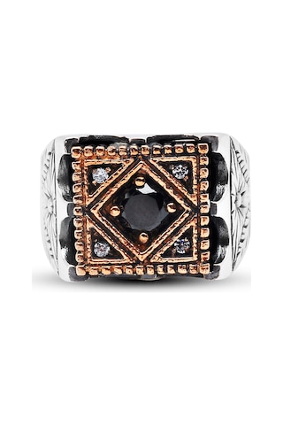 Kuyumcudukkanı Siyah Renk Taşlı Bronz Parçalı Elyapımı Gümüş Erkek Yüzük-60012-w-blk 21 Beyaz