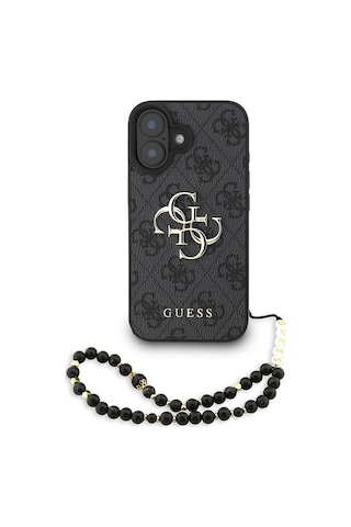 Apple iPhone 16 Plus Uyumlu Kılıf Guess Lisanslı Bilek Askı İpli Metal 4g Ve Yazı Logolu Kapak Siyah
