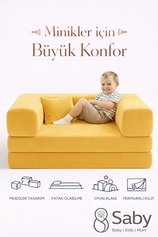Premium 140x70 Cm Modüler Çocuk Ve Genç Koltuğu Yatak Olabilen Sünger Oyun Alanı Yıkanabilir Kılıf Sarı