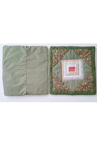 Poplin Pamuklu Kırkyama Patchwork Dekoratif Kırlent Kılıfı 45x45 Cm Haki - Yeşil