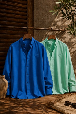 Respire Erkek Minimal Baskılı Oversize Dokulu Gömlek 2'li Set Mavi-yeşil