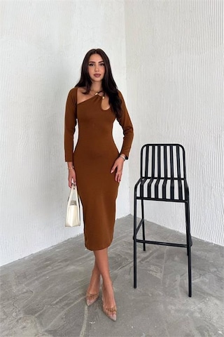 Dip Moda Kadın Likralı Midi Boy Triko Elbise Dpnbk2219 Taba