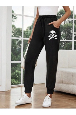 Lune Halloween Skull Print Drawstring Waist 4 Mevsim Eşofman Siyah
