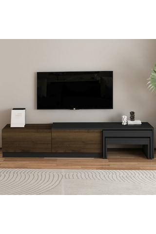 Nest Tv Sehpası Modern Tasarım,2 Kapaklı Depolama Ve İkili Zigon Sehpa İle Fonksiyonel Mobilya Antrasit - Ceviz