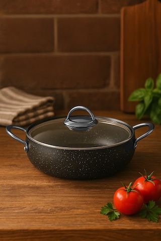 26 Cm Metal Saplı Fırına Girebilir Yanmaz Yapışmaz Granit Karnıyarık Ve Pilav Tenceresi Siyah
