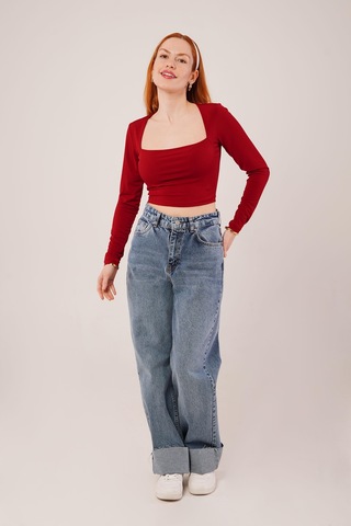 Soonaksesuar Kare Yaka Basic Bordo Bluz Bordo