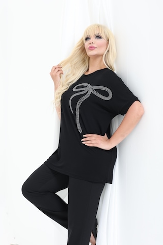 Kurdele Tasarım Taş Detaylı Bambu Yarasa Kol Bluz M-6xl Siyah