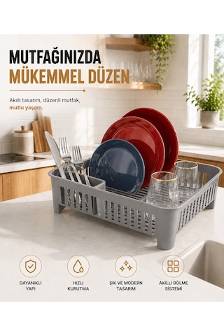 Sas Haus Bulaşıklık Tezgah Üstü Tabak Bardak Kurutmalık Plastik Bulaşık Sepeti 33x41 Cm Gri S-10567