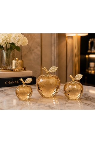 Chacha Home 3'lü Kesme Kristal Cam Elma Obje Seti Taşlı Yaprak Detaylı Lüks Salon Masası Konsol Aksesuarı Amber