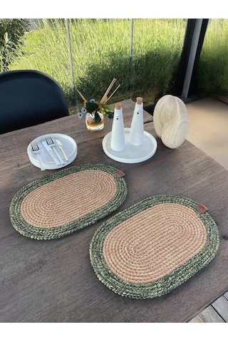 Bohem Tarz 2 Li Doğal İp Amerikan Servis Hasır Görünümlü, Leke Tutmaz, Naturel-yeşil 40x28 Cm Naturel/ Yeşil