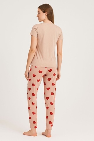 Fames Pijama Yazlik Kisa Kol Kalp Desen Pijama Takim Bej