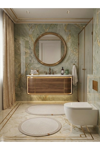 Melena Carpet Premium Kaymaz Taban Banyo Paspası Jüt Kenar Detaylı Oval Yuvarlak Set 100x60-60x60 Bej
