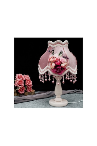 Gülkurusu Kadife Kaplı Fuşya Çiçek Dekorlu Klasik Abajur 50x30 Cm