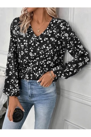 Moderie Butik Kadın Uzun Kollu V Yakalı Çiçek Desenli Modal Bluz Siyah