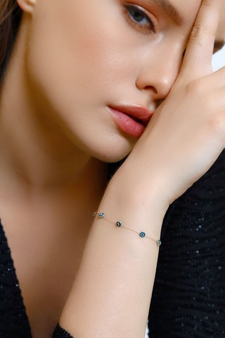 Altın Göz Bileklik Tamamı Nazar Boncuklu - 19 Cm / Sarı Sarı Altın