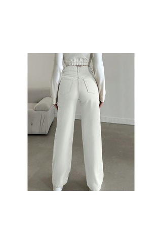 Kene Jeans Yüksek Bel Beyaz Keten Bol Paça Tam Kalıp Pantolon Beyaz