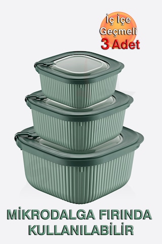 Micro Line Kare Saklama Kabı 600, 1100, 1800 Ml Üçlü Set Yeşil