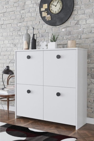 4 Kapaklı 4 Raflı Modern Dekoratif Dolap- Beyaz