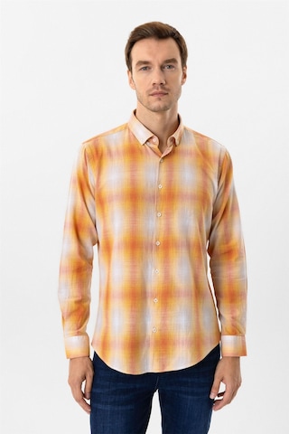 Süvari Turuncu Slim Fit Desenli Düğmeli Yaka Gömlek