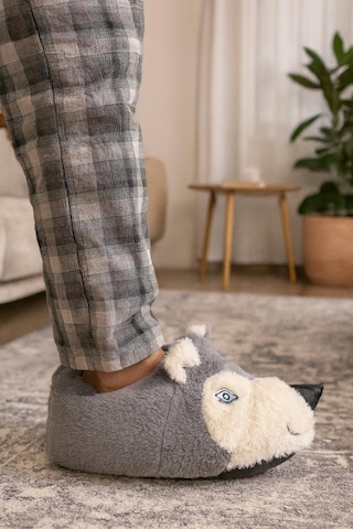Kurt Figürlü Peluş Panduf Ev Pandufu Unisex Panduf Gri