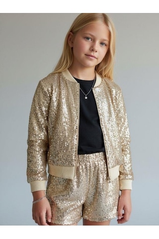Zekids Kız Çocuk Payetli Bomber Tasarım Ceket-16978 Altın