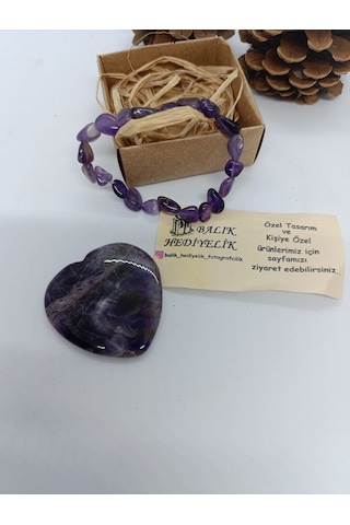 Ametist Taşı Bileklik Ve Kalp Biblo Set -1001/balıkhediyelik 0