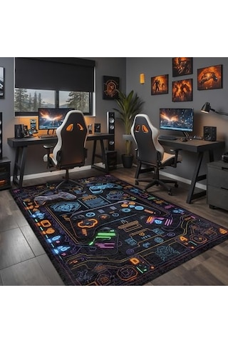Oyuncu Odası Halısı Kaymaz Pamuk Tabanlı Yıkanabilir Antibakteriyel Gamer Gaming Halısı 140x200 Çok Renkli