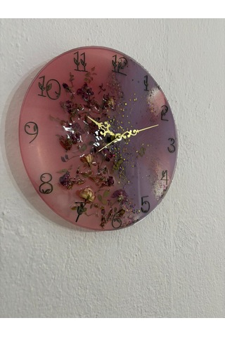 Pelince - Pembe Mor Tomurcuk Güllü Epoksi Duvar Saati Özel Tasarım - Tek Üretim - 30 Cm Pembe